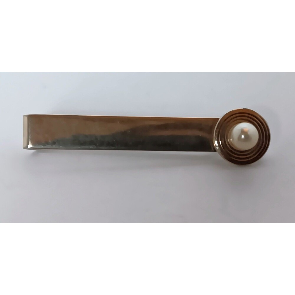 Vintage Swank Signed Goldtone Faux Pearl Tie Bar Clip Gator Clasp - Picture 2 of 4
